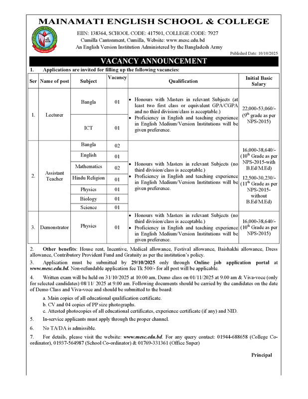 Mainamati English School and College (MESC) Job Circular 2025 PDF