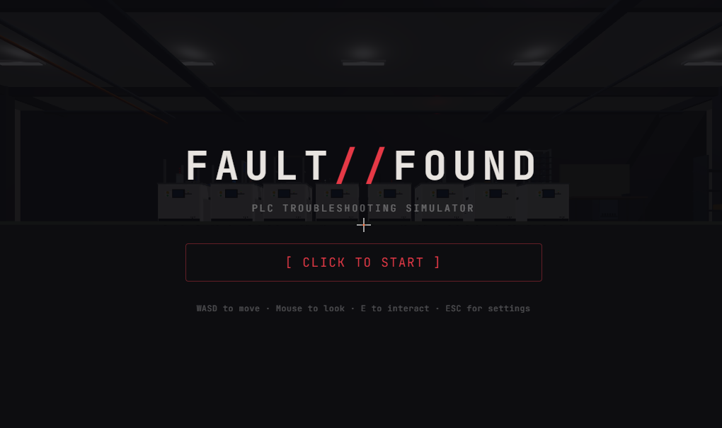 FAULT // FOUND — PLC troubleshooting simulator promo hero with industrial control cabinets.