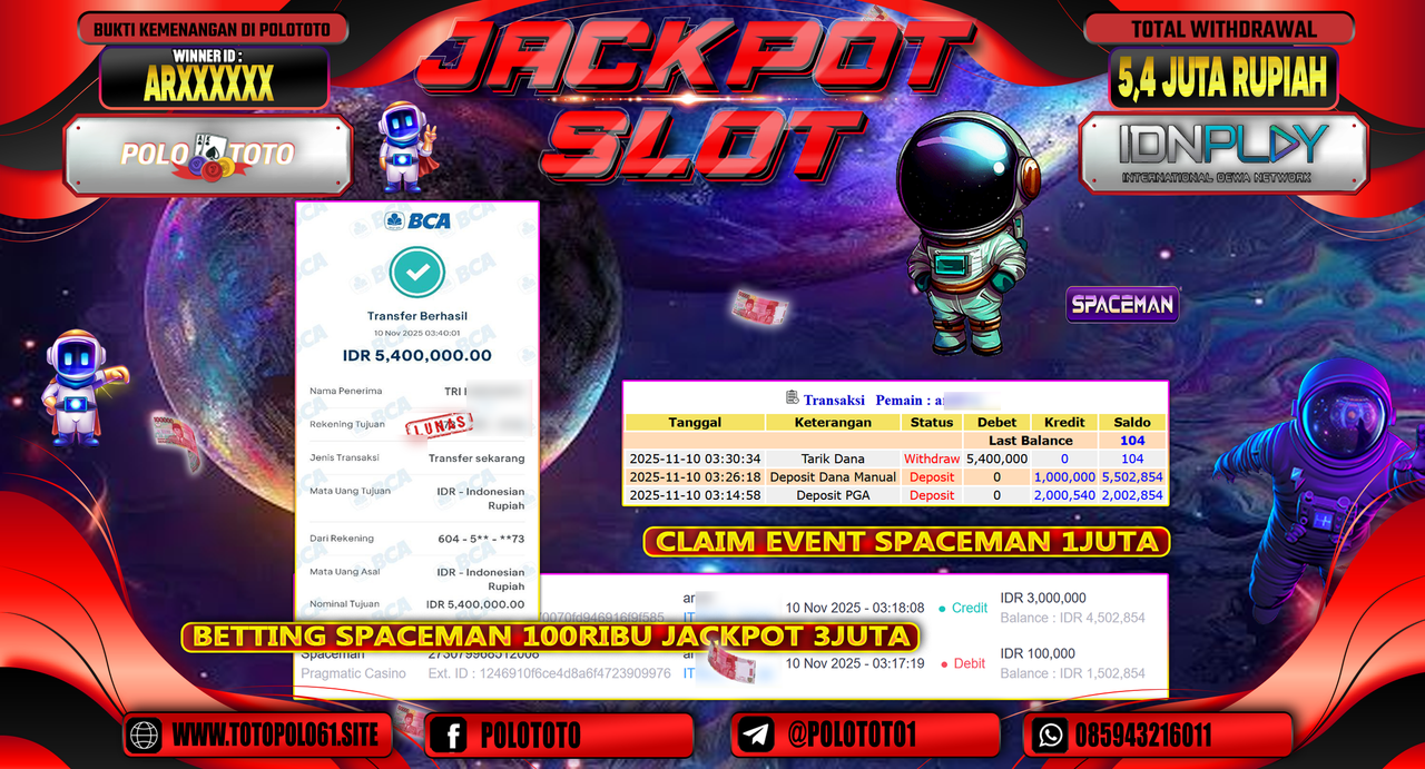 POLOTOTO JACKPOT SLOT SPACEMAN Rp.5.400.000,- LUNAS