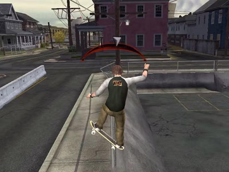 A screenshot of gameplay for Tony Hawk's Underground shows the player's skater grinding a ledge in the opening level.