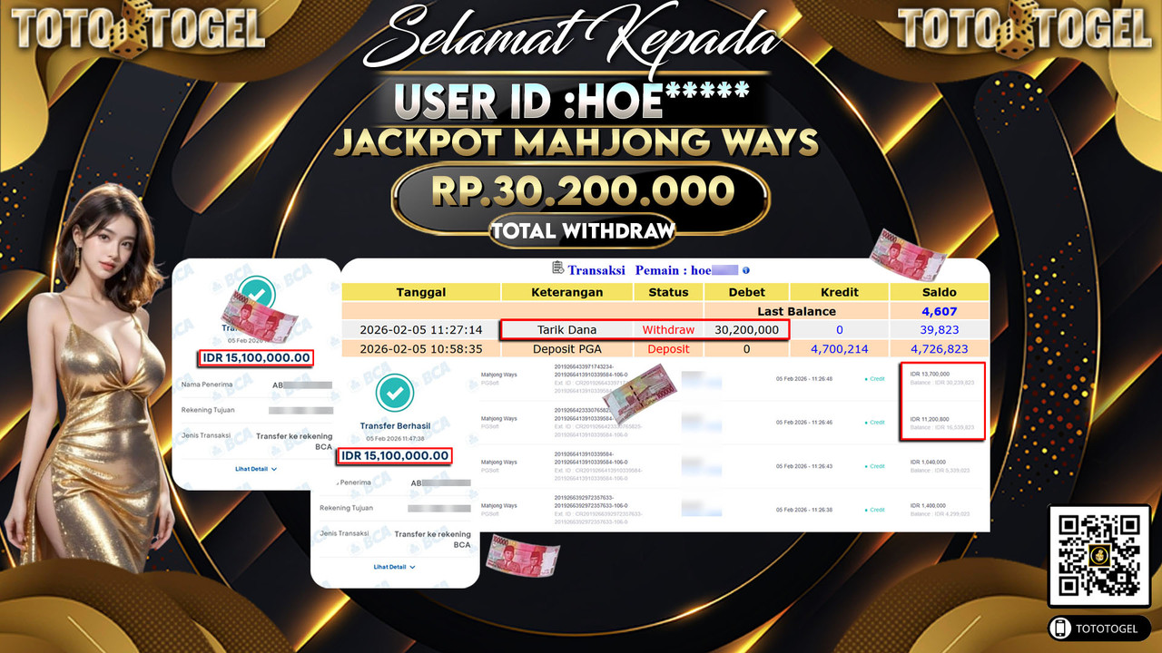 Bukti Pembayaran Jackpot Permainan Slot Mahjong Ways ID:HOE*****LUNAS