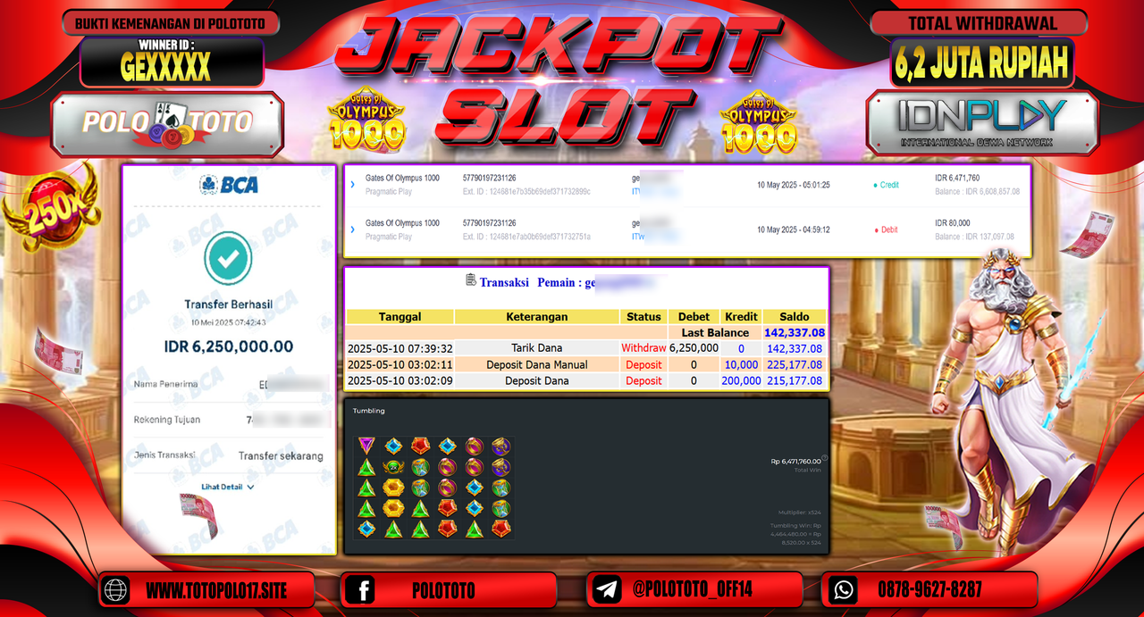 POLOTOTO JACKPOT SLOT GATES OF OLYMPUS 1000 Rp.6.250.000,-