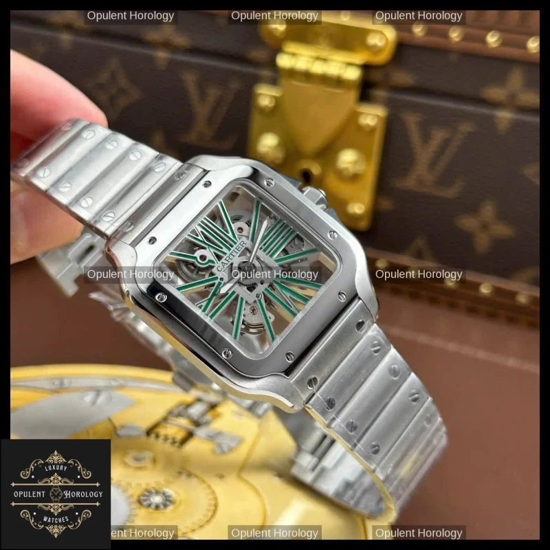 Cartier Santos Watch 39.8mm Skeleton Dial Green Roman Numerals - Super Clone