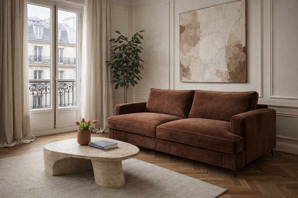 Canapé convertible Dédalo en velours terracotta dans un salon haussmannien parisien — Déco Éléments Paris 18e