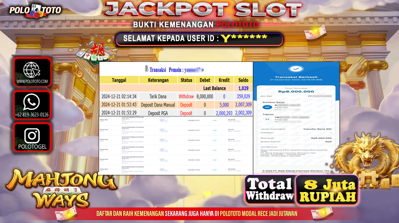 POLOTOTO JACKPOT SLOT MAHJONG WAYS Rp.8,000.000,-