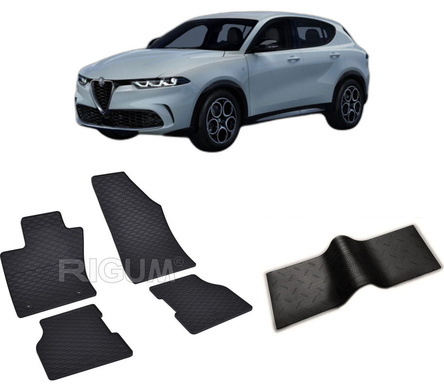 Set covorase auto ALFA ROMEO TONALE MHEV din 2022-PREZENT, cu covoras tunel median, CAROSERIE SUV, Presuri cauciuc 100%, compatibil cu autoturismul ALFA ROMEO TONALE MHEV, Rigum