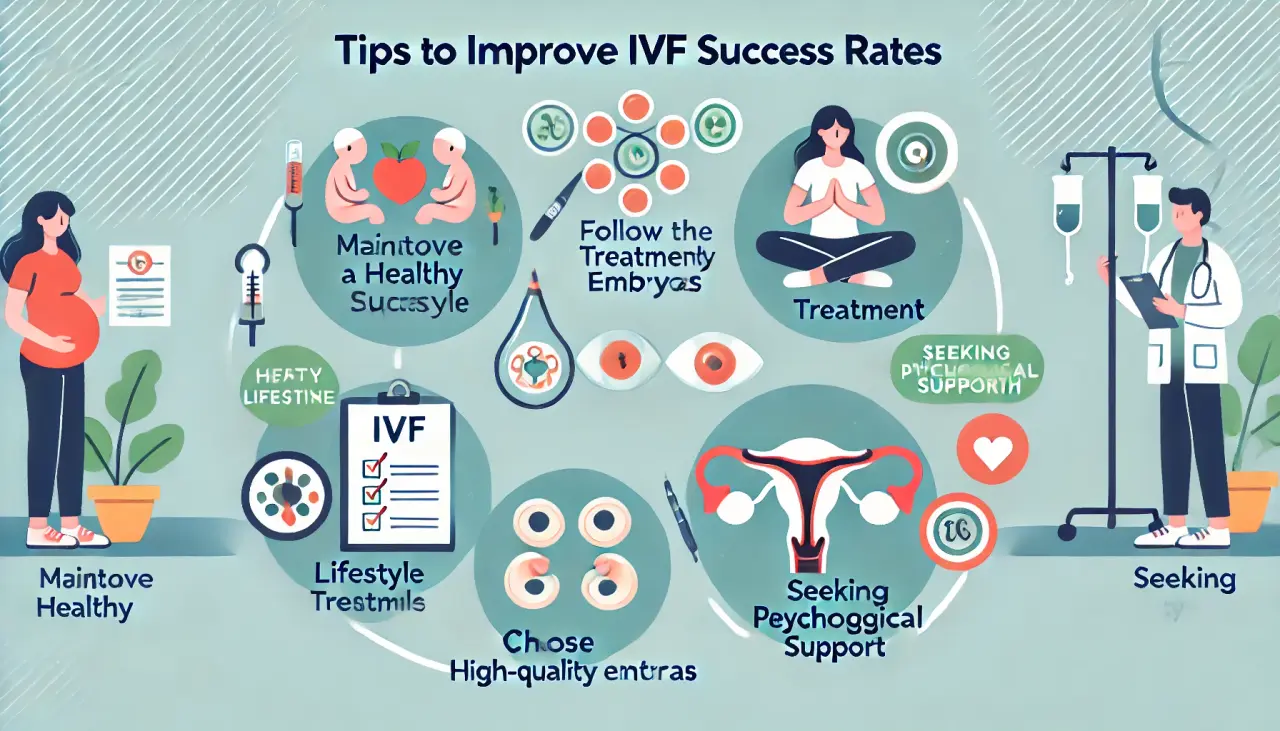 Tips to improve IVF success rates: healthy lifestyle, treatment plan, embryo quality, and psychological support.