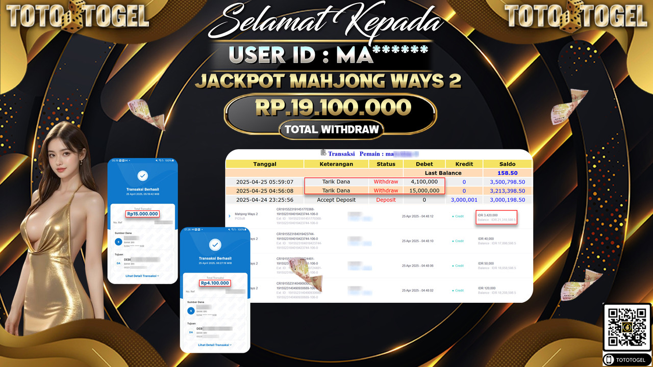 Bukti Pembayaran Jackpot  Permainan Slot Mahjong Ways 2 ID:MA***** LUNAS