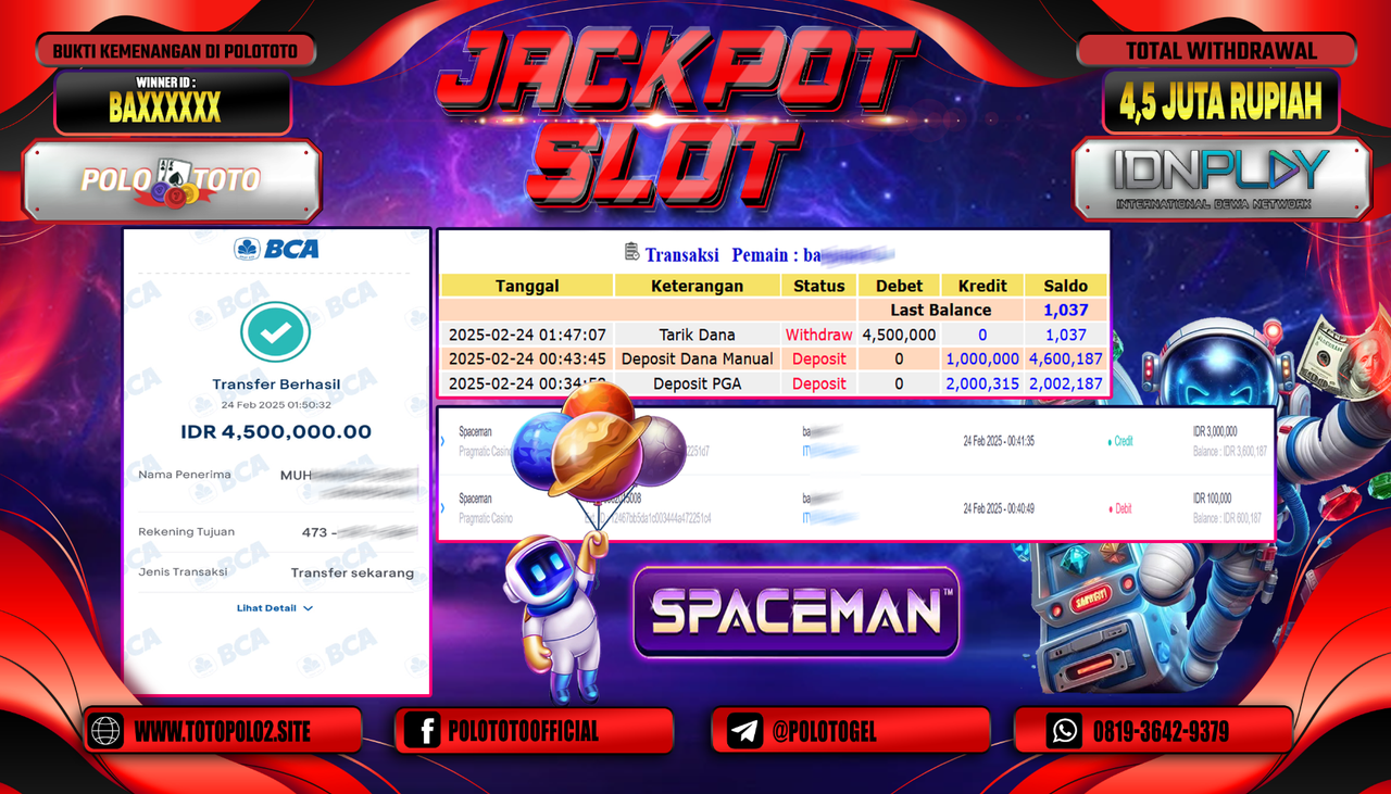 POLOTOTO JACKPOT SLOT SPACEMAN Rp.4.500.000,- LUNAS