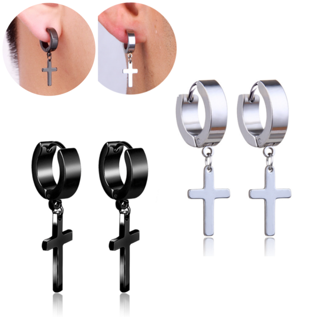 Orecchini A Cerchio Con Croce Jewelrywe – Acciaio Inox Nero, Uomo Donna, Regalo Con Incisione Gratuita