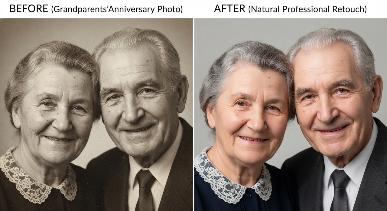 AI-generated example result for the upscaling prompt: Wrinkle Reduction Face Smoothing Old Image to New Image by Prompt Craft