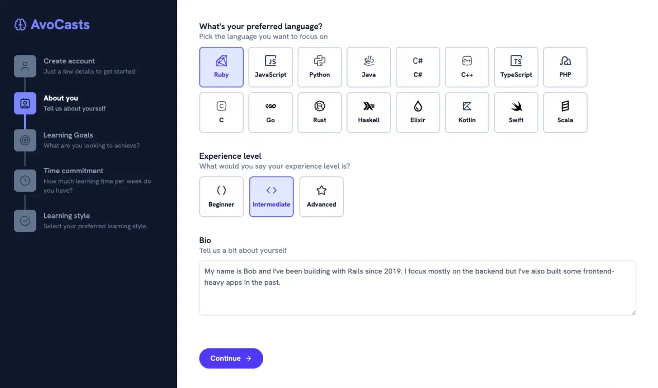 About you step of the onboarding flow