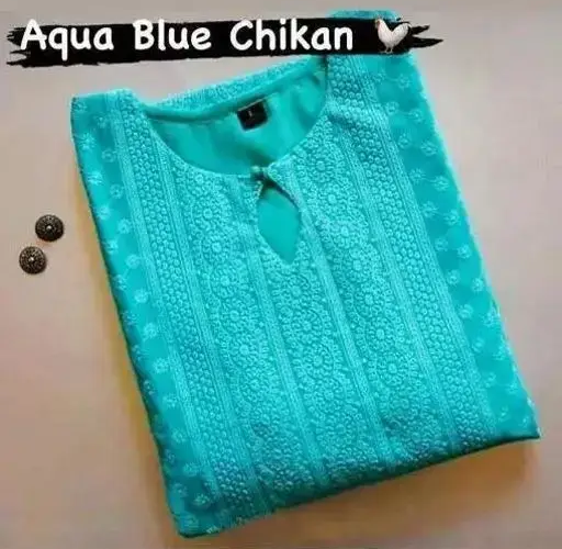 Trendy Chikan Embroidery Georgette Kurti Color Aqua Blue (R109)