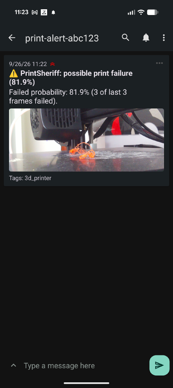 ntfy mobile app notification showing failure alert with snapshot of failed print