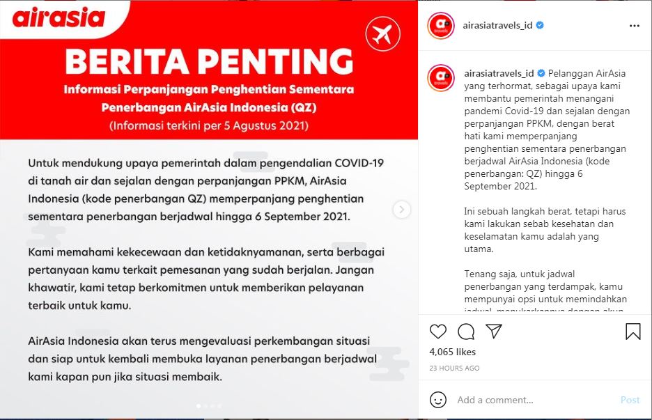 AirAsia memperpanjang penghentian layanan penerbangan berjadwalnya hingga 6 September 2021.