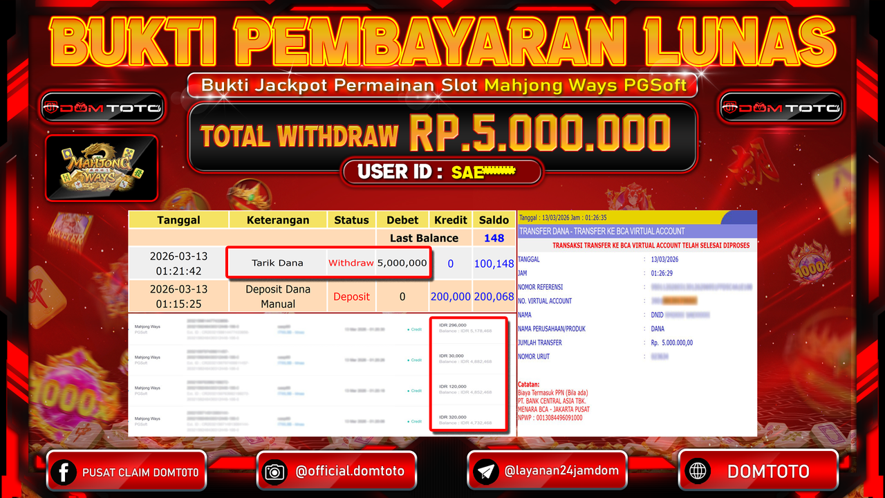 JACKPOT SLOT Mahjong Ways PGSoft 13 MARET 2026