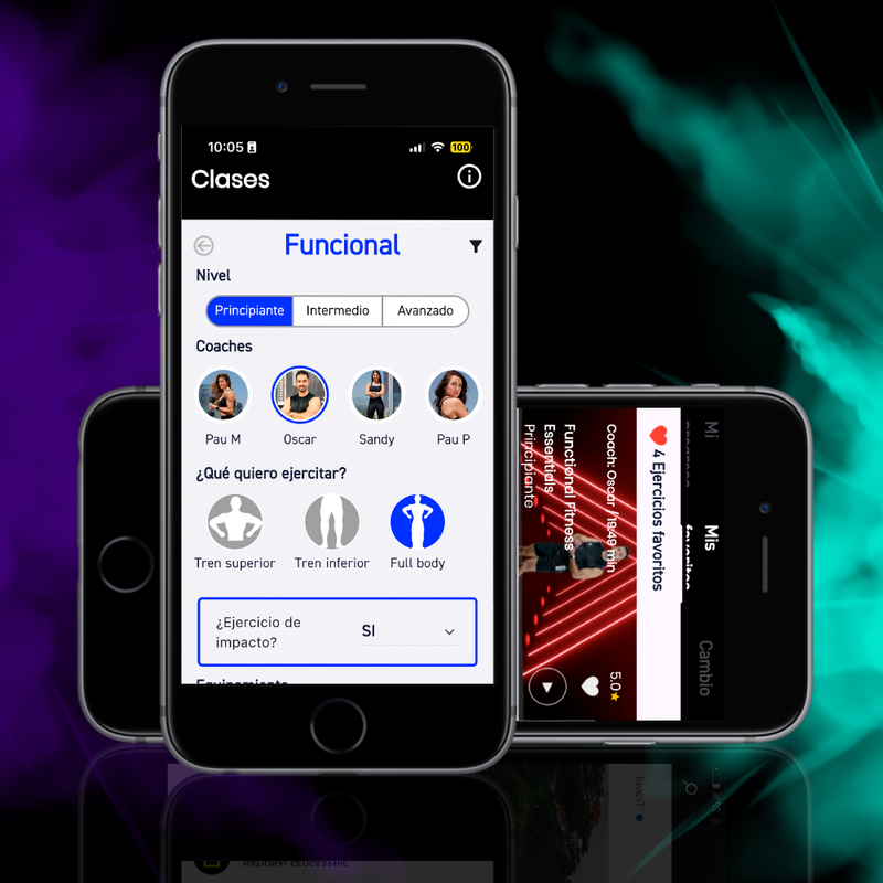 Smartphone displaying a fitness app interface with coach selection and exercise options.