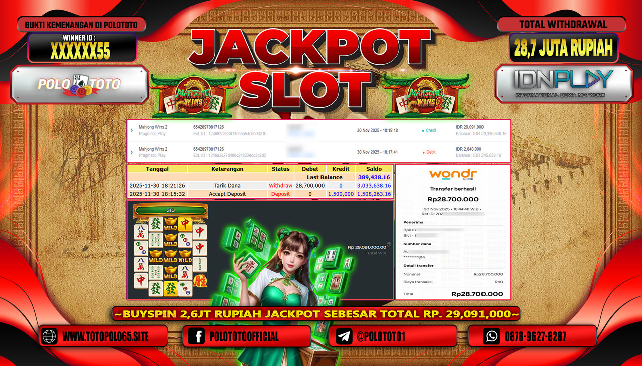 POLOTOTO JACKPOT SLOT MAHJONG WINS 2 Rp.28.700.000,- LUNAS