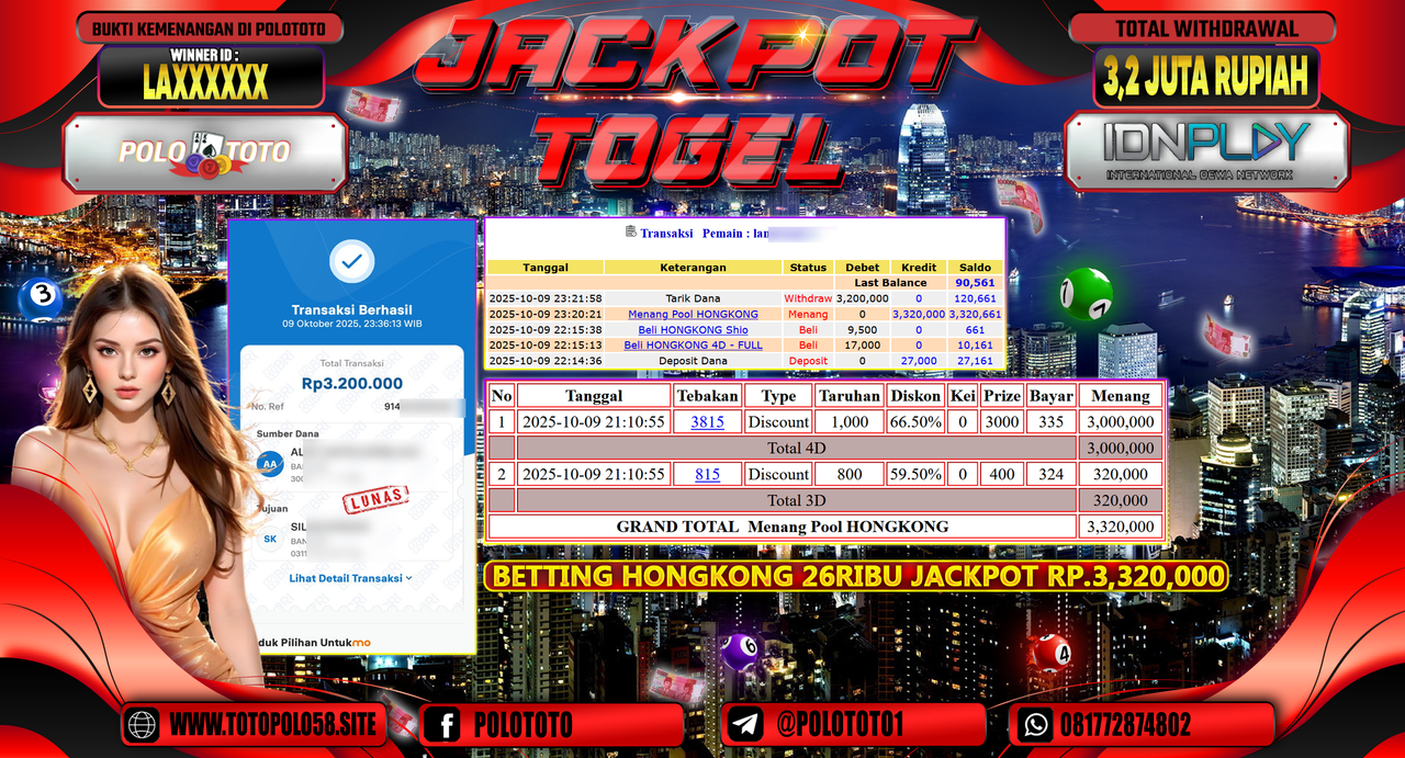 POLOTOTO JACKPOT TOGEL HONGKONG LOTTO Rp.3.200.000,- LUNAS