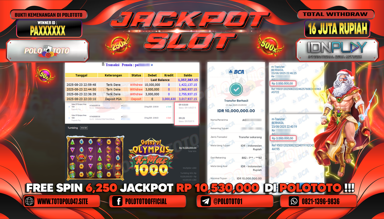 POLOTOTO JACKPOT SLOT GATES OF OLYMPUS XMAS 1000 Rp.16.000.000,-