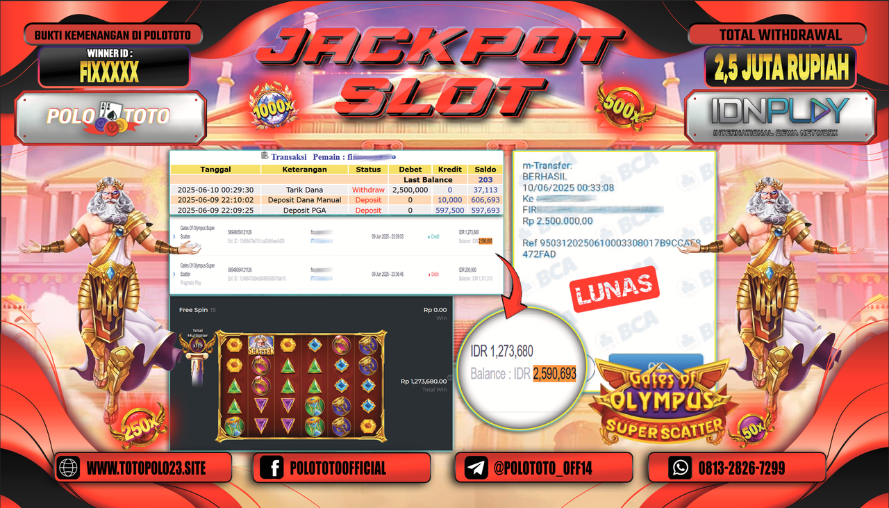 POLOTOTO JACKPOT SLOT GATES OF OLYMPUS SUPER SCATTER Rp.2.500.000,-
