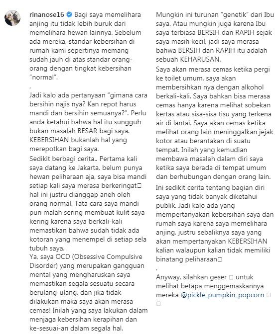 Unggahan Rina Nose soal OCD