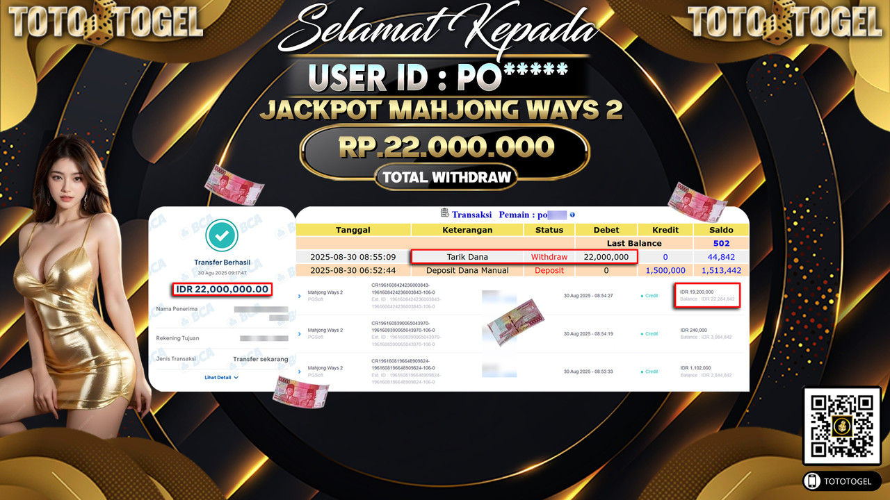 Bukti Pembayaran Jackpot Permainan Slot Mahjong Ways 2 ID:PO***** LUNAS