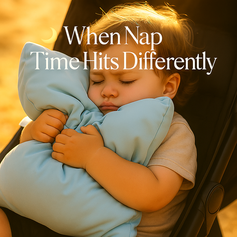 Daycare nap pillow with pastel blue bamboo cover stacked with other Cloud Cases