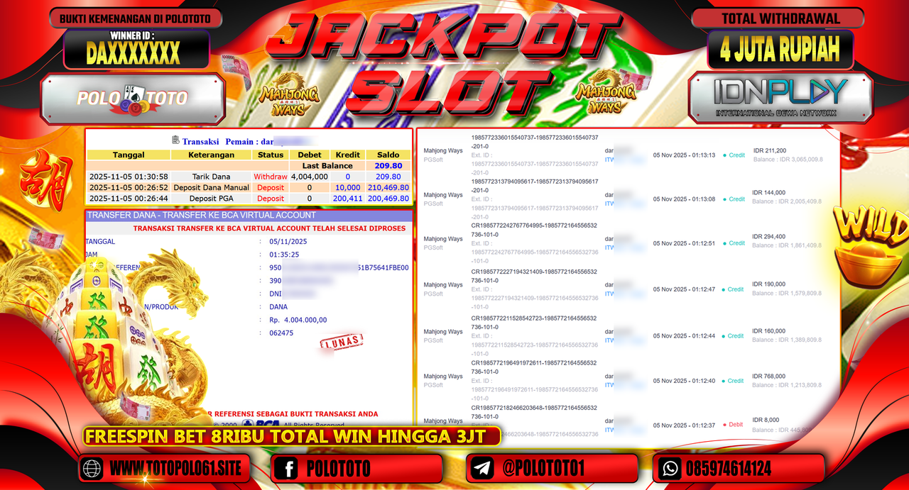 POLOTOTO JACKPOT SLOT MAHJONG WAYS Rp.4.000.000,- LUNAS