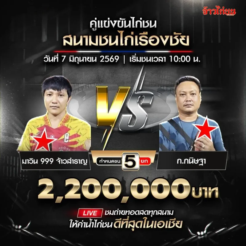 มาวิน 999 จ้าวสำราญ vs ก.กนิษฐา โปรแกรมไก่ชน สนามชนไก่เรืองชัย 7 มิถุนายน 2026