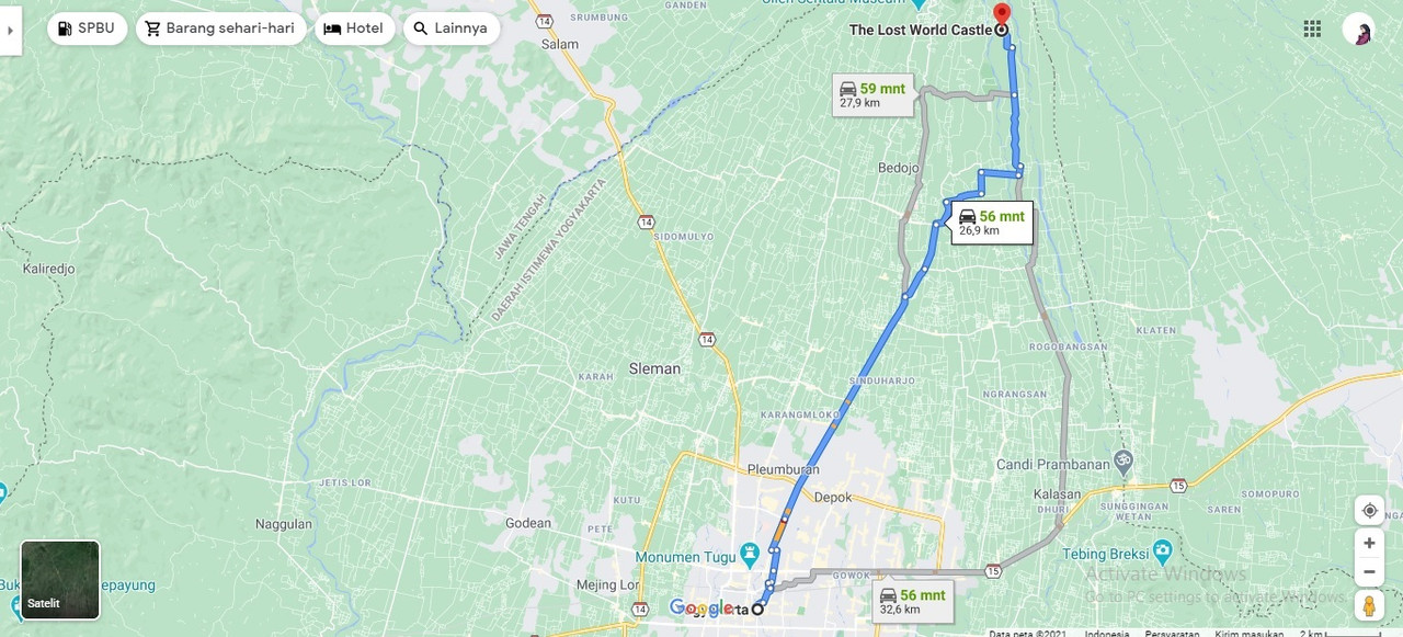 Rute menuju The Lost World Castle dari pusat Kota Yogyakarta
