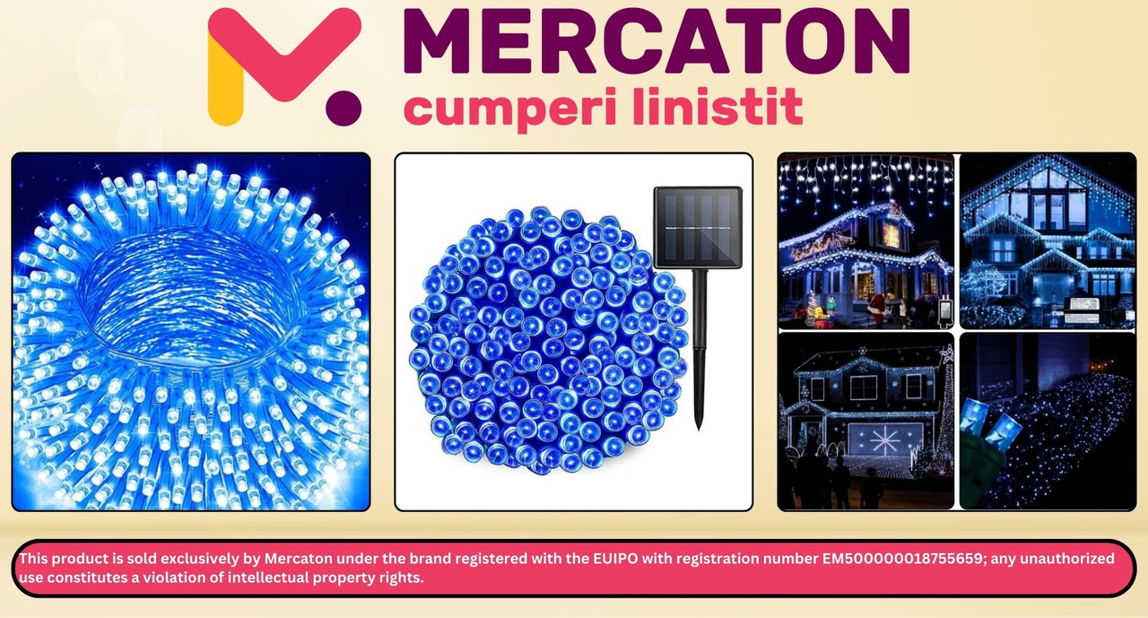 Instalatie de Craciun Mercaton cu Incarcare Solara, Tip Liniara, Lumina Albastra