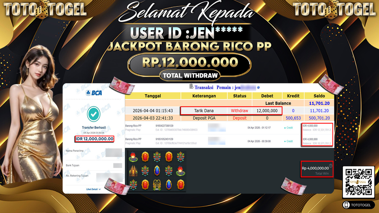 Bukti Pembayaran Jackpot Permainan Slot Barong Rico PP ID:JEN*****LUNAS