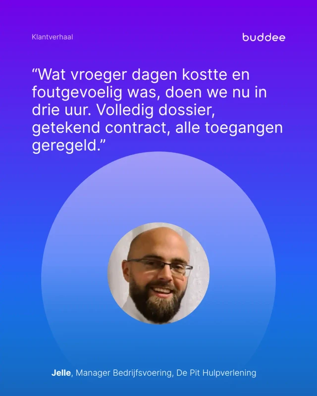 Quote van Jelle, manager bedrijfsvoering bij De Pit: onboarding werkstroom in Buddee resulteert in volledig dossier, getekend contract en alle toegangen geregeld binnen drie uur.