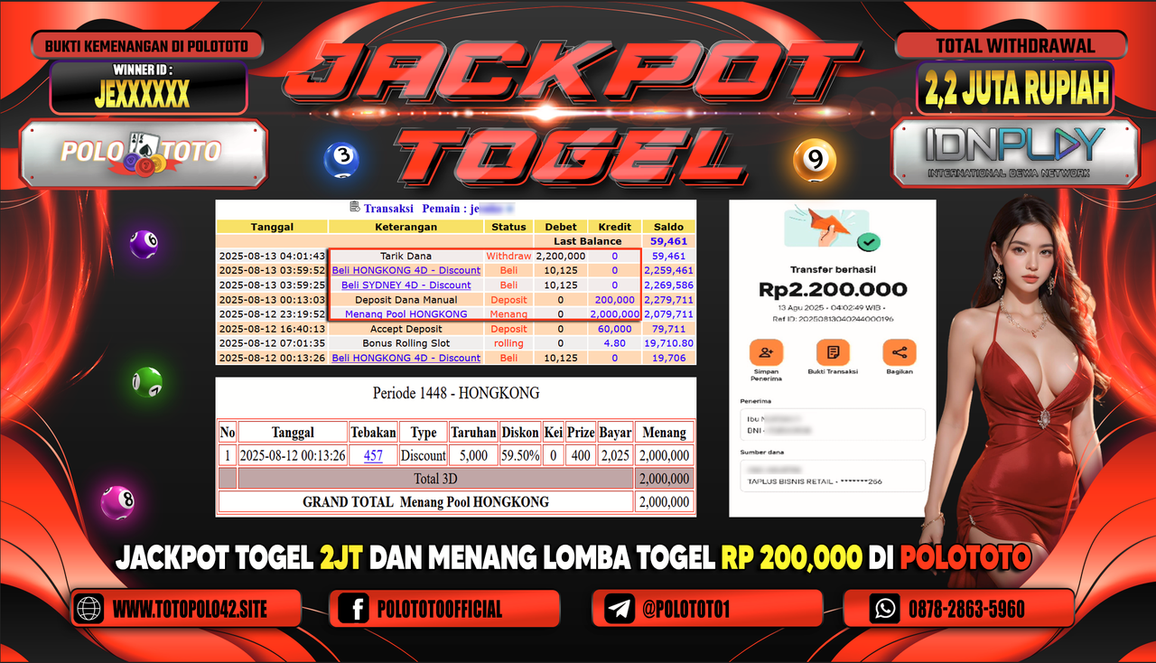 POLOTOTO JACKPOT TOGEL HONGKONG LOTTO Rp.2.200.000,-LUNAS