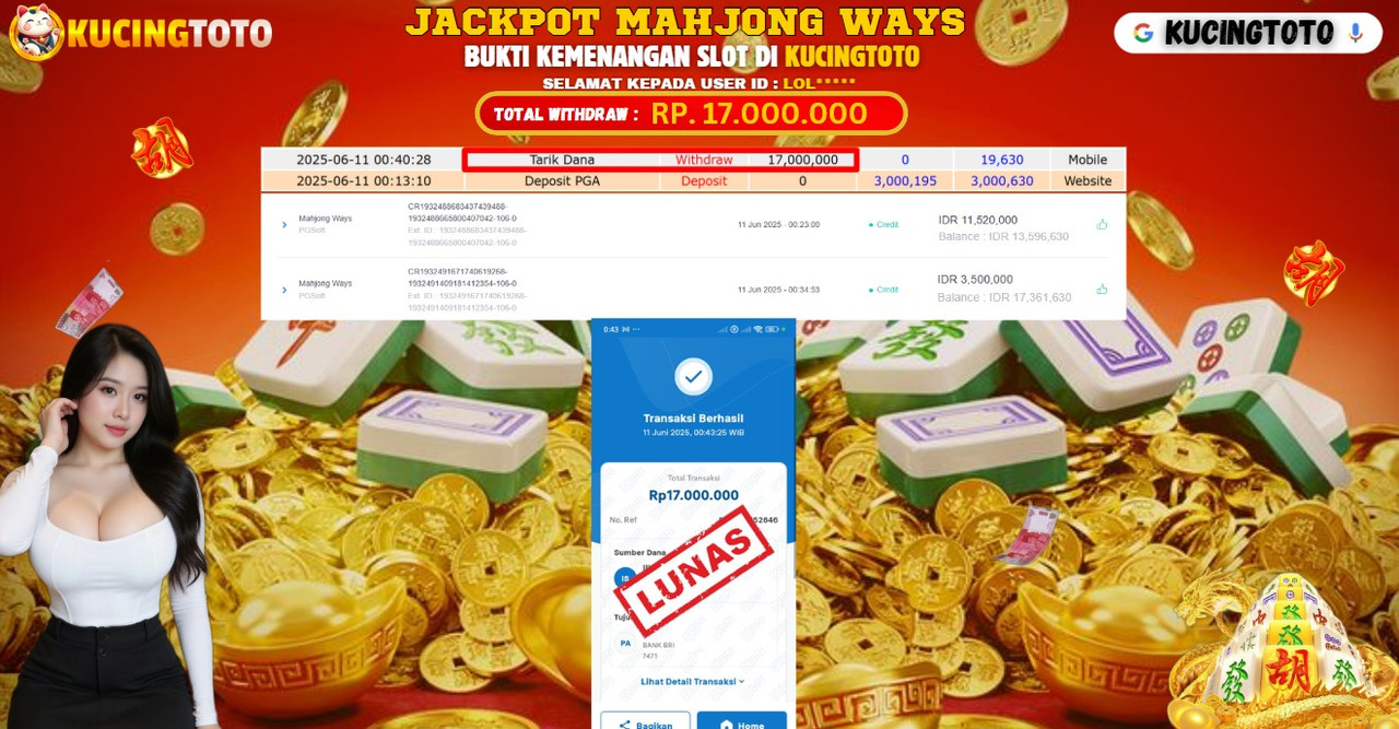 KUCINGTOTO JACKPOT SLOT MAHJONG WAYS RP.17.000.000.,- LUNAS