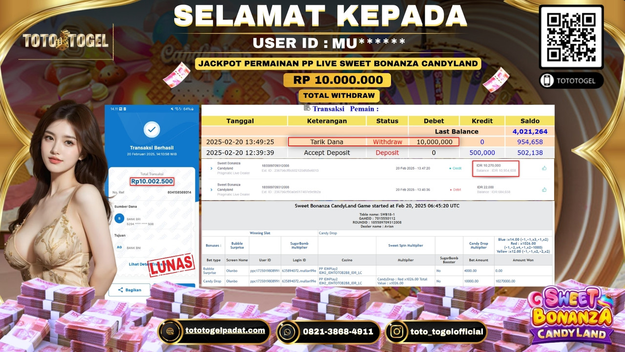 Bukti Pembayaran Jackpot  Permainan Pp Live Sweet Bonanza Candyland ID:MU***** LUNAS