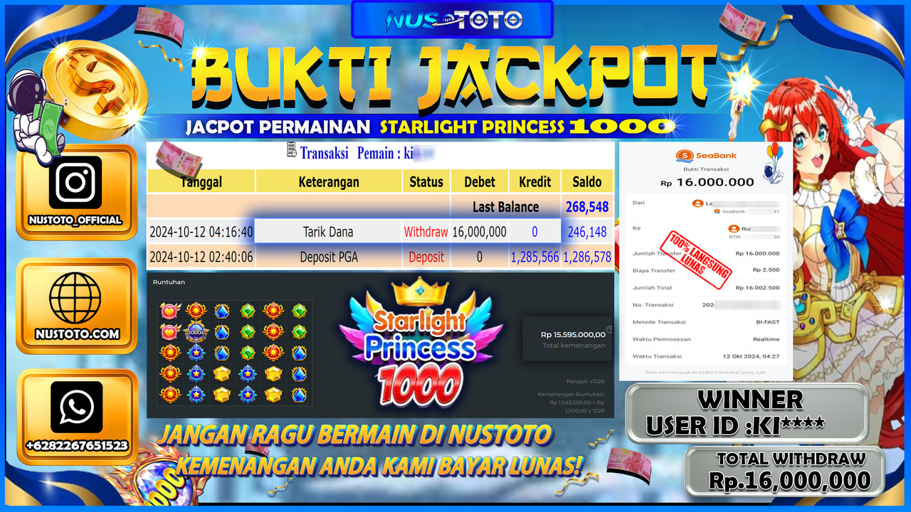 JACKPOT !! MENANG BESAR DI SLOT STARLIGHT PRINCESS  1000 Rp. 16.000.000 LANGSUNG DI BAYAR LUNAS NUSTOTO !!