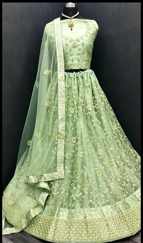Elegant Green Net Lehenga Choli by Gopinath Enterprise - Semi-Stitched Blouse with Extra Inner and Dupatta, Ideal for Weddings, Festivals, and Parties (R225)