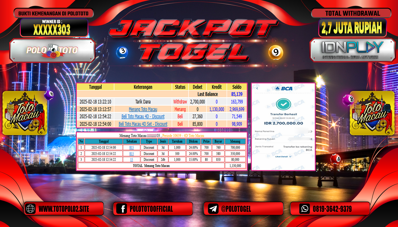 POLOTOTO JACKPOT TOGEL TOTO MACAU 4D Rp.2.700.000,-