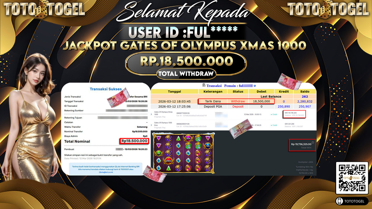 Bukti Pembayaran Jackpot Permainan Slot Gates Of Olympus Xmas 1000 ID:FUL*****LUNAS