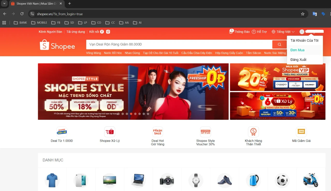 Trang đơn hàng Shopee