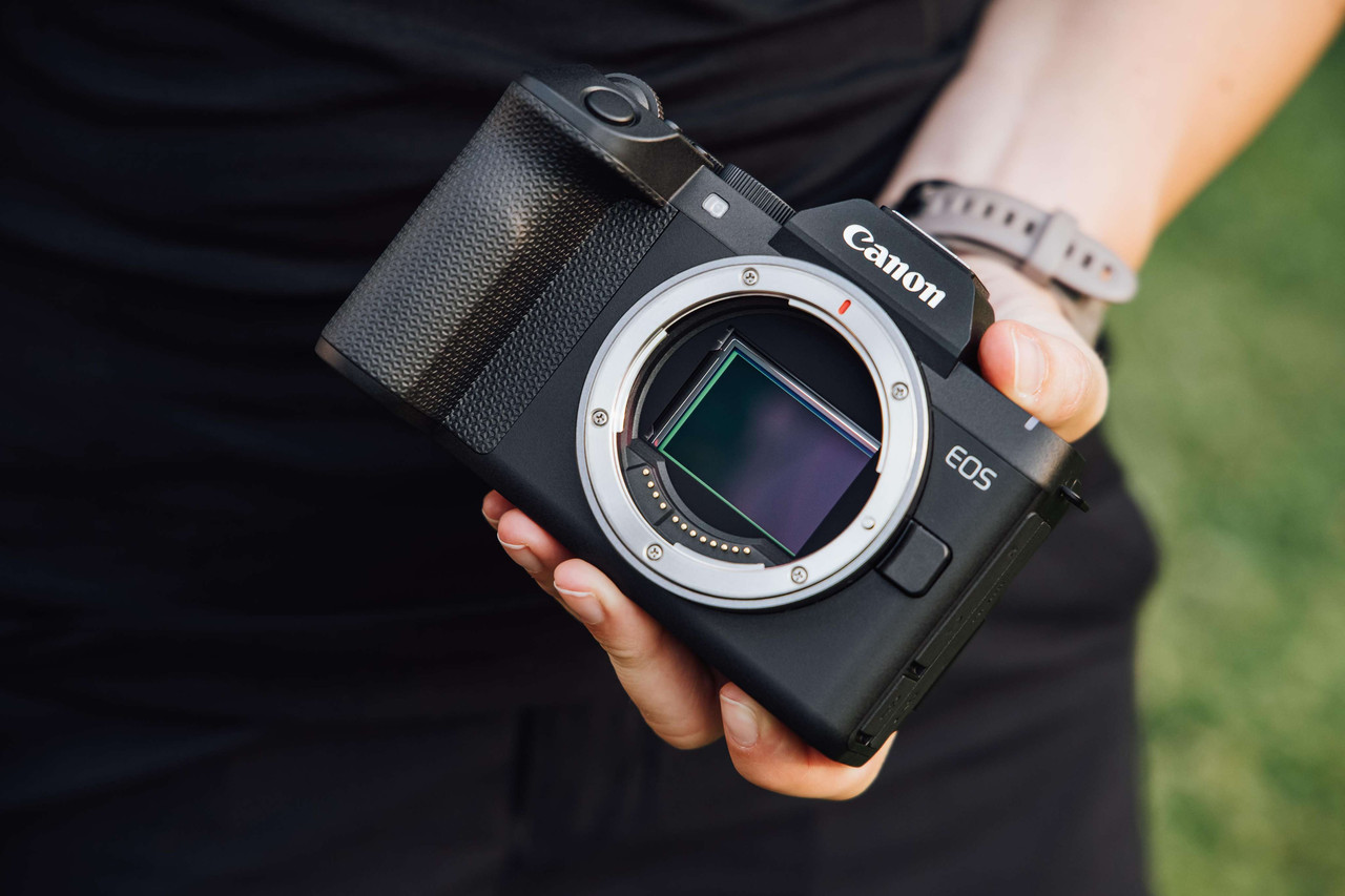 Canon EOS R8 Mark II's full-frame sensor exposed with the lens removed