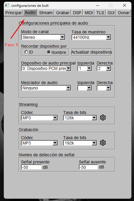Pestaña de configuración de audio en BUTT