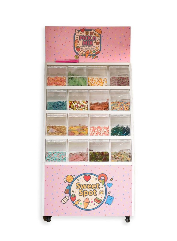Complete Sweet Spot candy stand with multiple tiers of colorful sweets and branded display