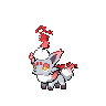 gif of Hisuian Zoura by KingOfThe-X-Roads and hellfire0raptor on Deviantart. It's a light gray fox with yellow eyes, white fur with red accents, and dark brown feet.