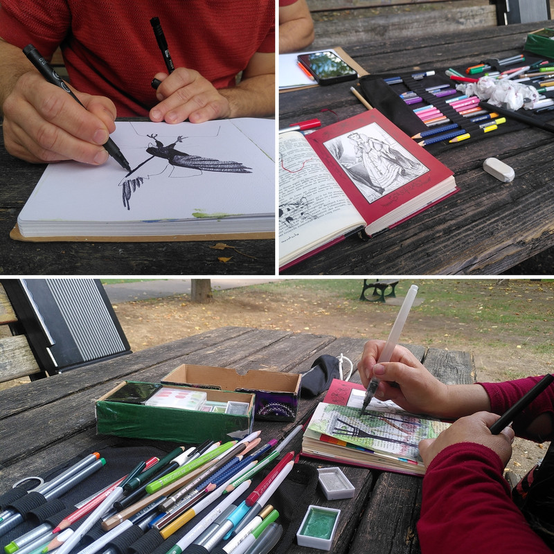 Divers dessins dont le corbeau, pagaille étalée sur la table d'un parc