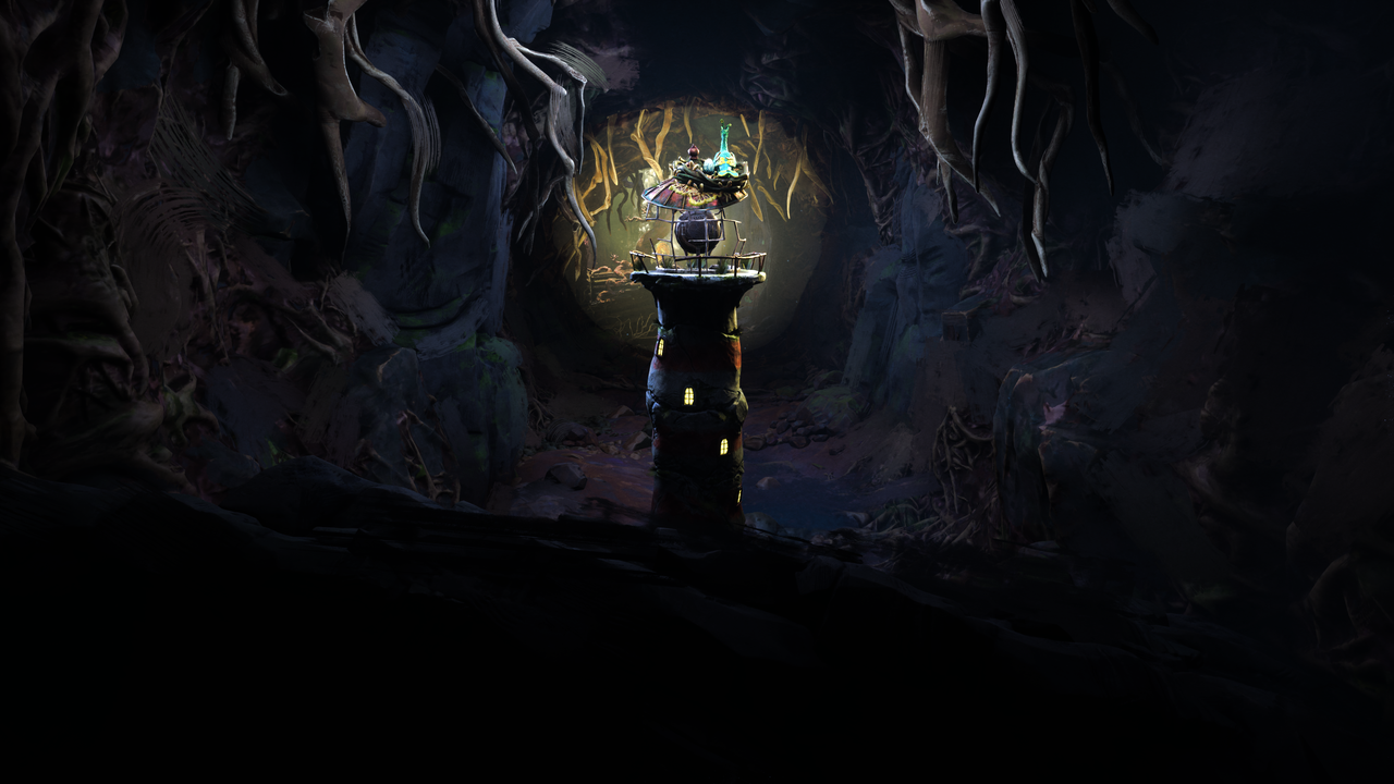 The Keeper and Twig standing in a dark underground area using the light from the lighthouse to illuminate the path forward.