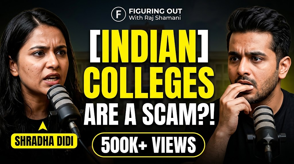 AI-generated example result for the youtube-thumbnail prompt: Indian Colleges Are A Scam?! Thumbnail – Figuring Out Podcast Design AI YouTube Thumbnail Prompt