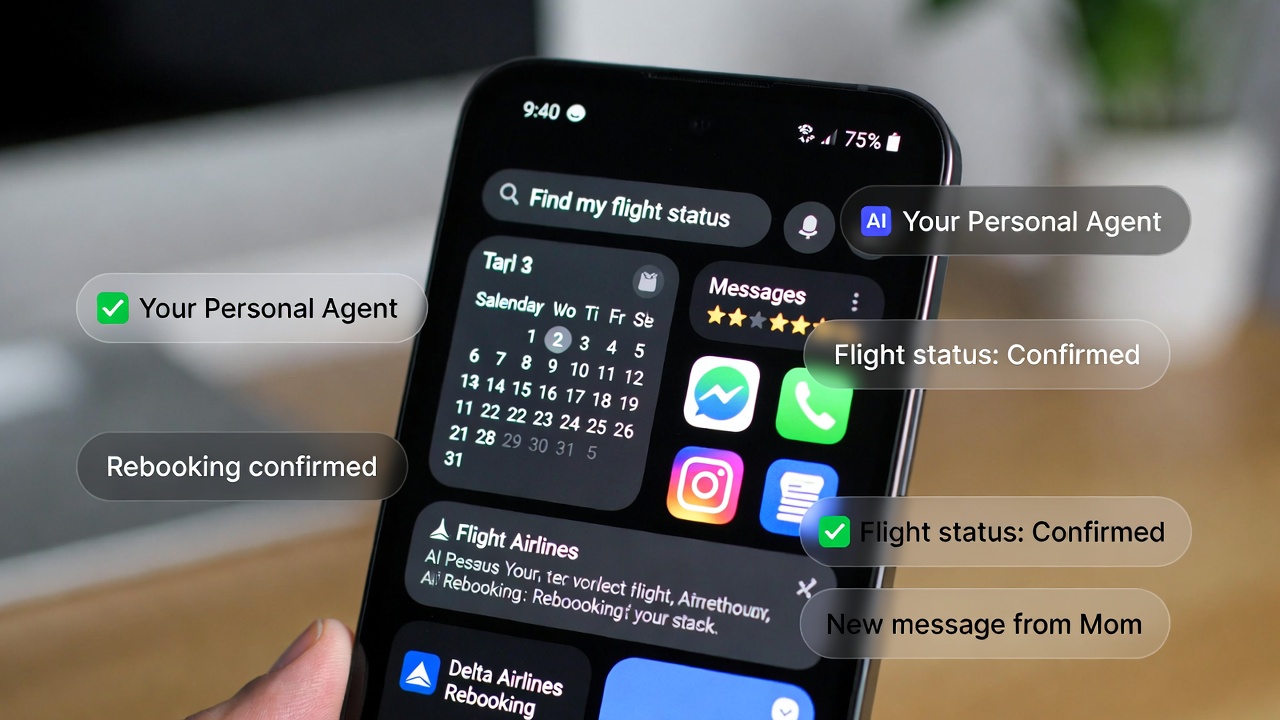 Smartphone screen showing an AI personal agent managing calendar, messages, and flight rebooking tasks